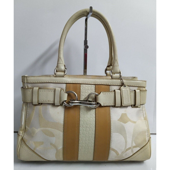 Coach Hampton Signature Cream White Canvas Stripe Zipper Satchel Shoulder Bag - Picture 1 of 12